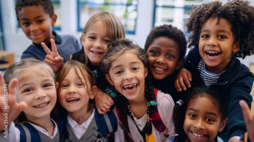  Happy group of diverse school children smiling for a group selfie in a colorful classroom setting