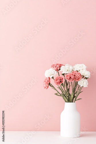 pink background with white and pink flowers in a vase