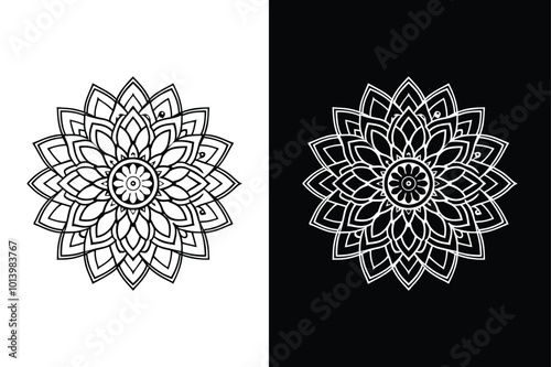 A detailed black and white mandala illustration featuring intricate floral patterns and geometric shapes. Pattern circle ornate design illustration art.