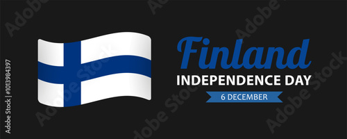 Finland Independence Day, simple minimalist web banner design. Text Finland Independence Day, 6 december and Finnish flag on black background.