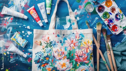 hand-painted floral tote bag lying on an artist's workspace