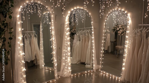 An elegant bridal boutique with delicate fairy lights draped around mirrors, providing a soft, flattering light for clients trying on dresses photo