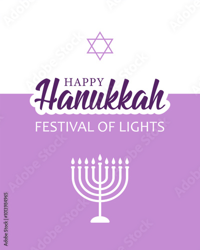 Text Happy Hanukkah, festival of lights, candelabrum and star of David on white and purple background. Festive design for greeting card, poster or banner for Jewish festival Hanukkah.