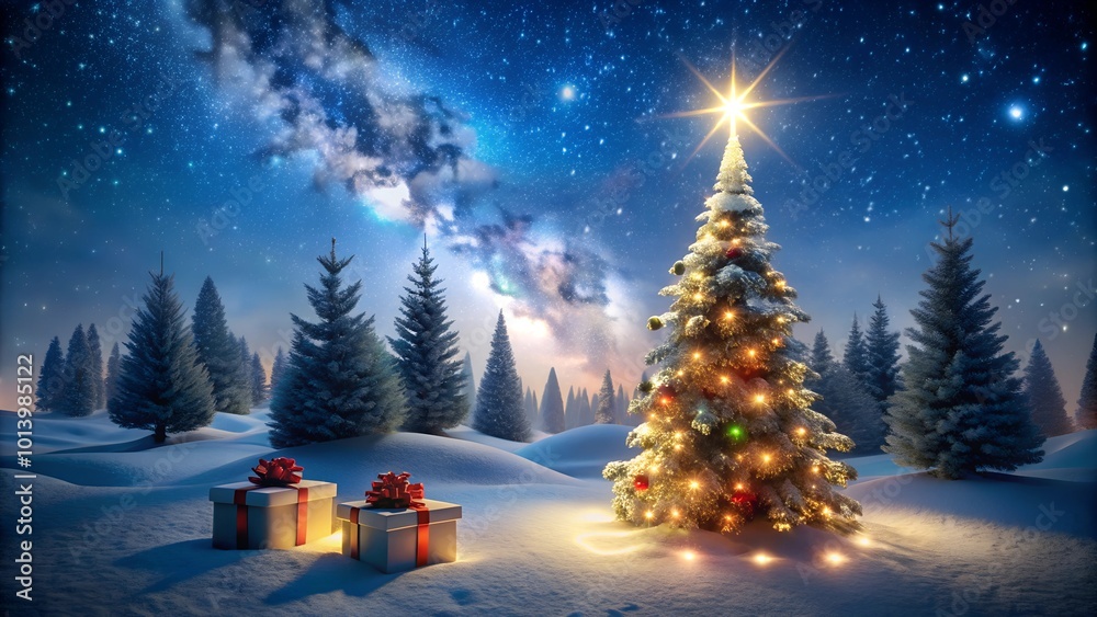 christmas tree and gift boxes on snow in night christmas tree and gift boxes on snow in night