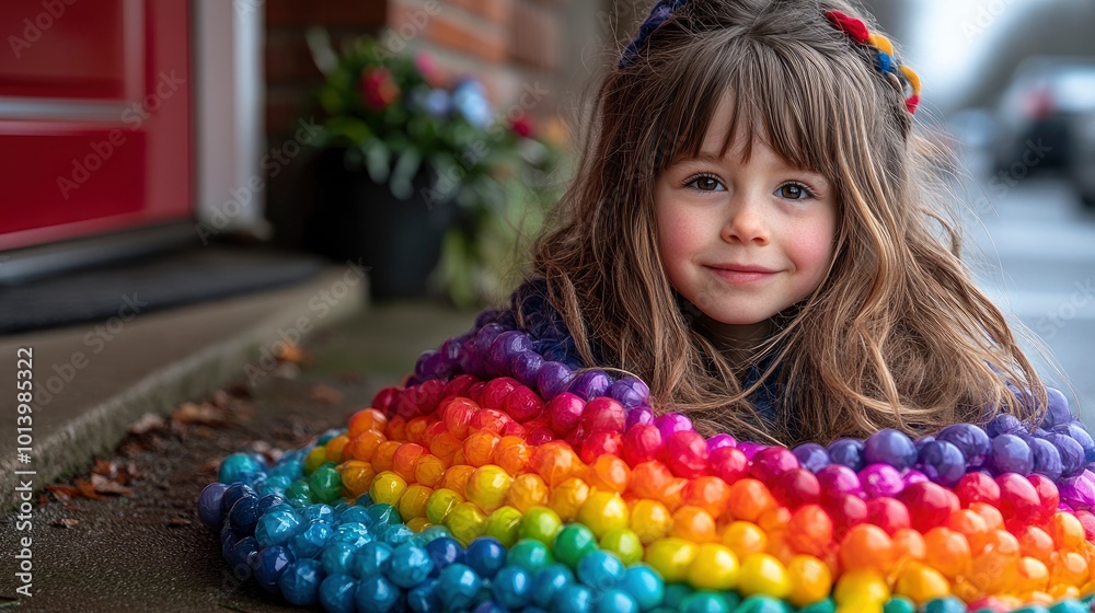 Fototapeta premium Little Girl Smiling Behind a Rainbow of Balls
