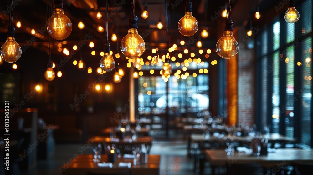 Obraz premium An industrial-style restaurant with vintage bulbs strung across the ceiling, offering a warm, inviting glow to diners