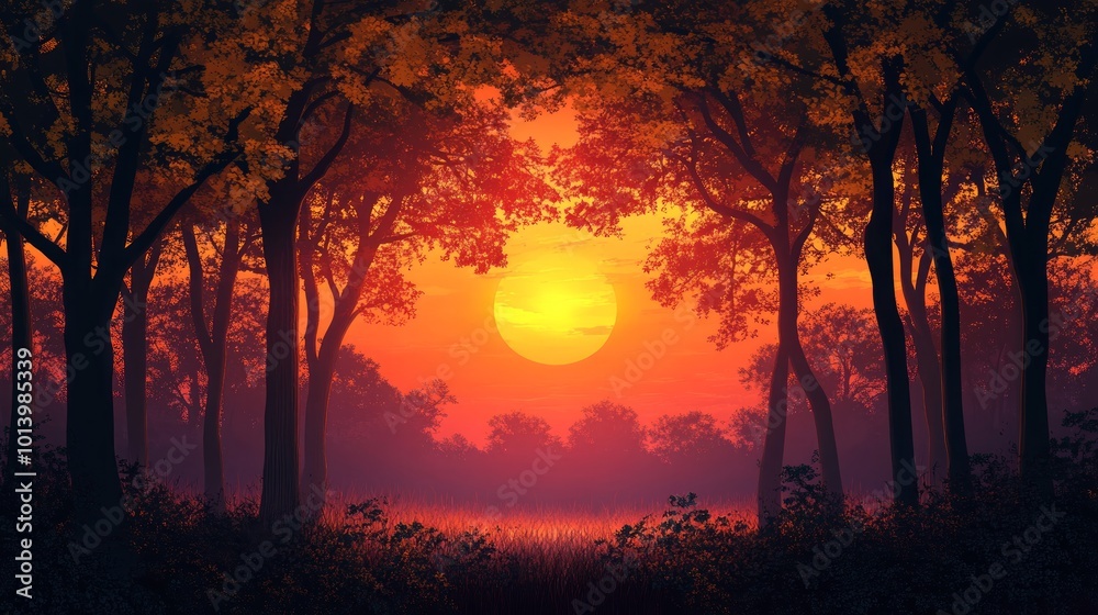 A vibrant orange sunset shines through the trees in a dense forest, casting long shadows on the ground.