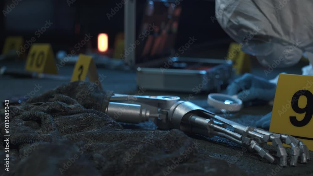 Forensic expert working at fantastic crime scene with evidence like robot hands. Lots of evidence tags, aluminum tool case. Night time. Flashing police lights. Dolly shot Forensic expert working at fantastic crime scene with evidence like robot hands. Lots of evidence tags, aluminum tool case. Night time. Flashing police lights. Dolly shot