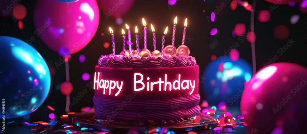 Neon Glow 3D Happy Birthday with a neon cake, bright balloons, and neon confetti Neon Glow 3D Happy Birthday with a neon cake, bright balloons, and neon confetti