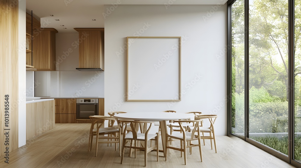 Fototapeta premium Modern dining room with a round table and chairs, large windows, and a minimalistic kitchen, featuring an empty frame on the wall, perfect for adding posters