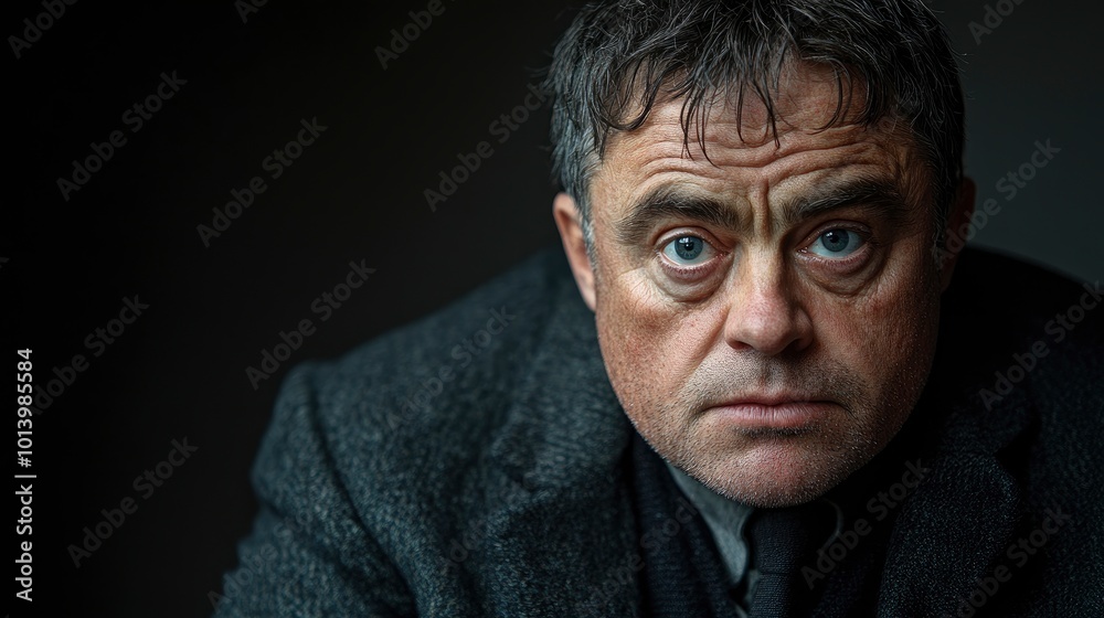 Close-up portrait of a serious middle-aged man with blue eyes Close-up portrait of a serious middle-aged man with blue eyes