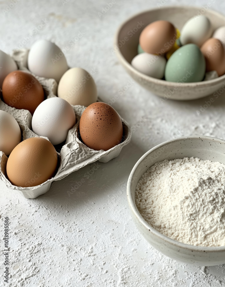 Assorted fresh eggs in a carton on marble countertop, rustic kitchen scene with natural lighting Assorted fresh eggs in a carton on marble countertop, rustic kitchen scene with natural lighting