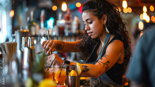 A Latina bartender mixes drinks at the bar