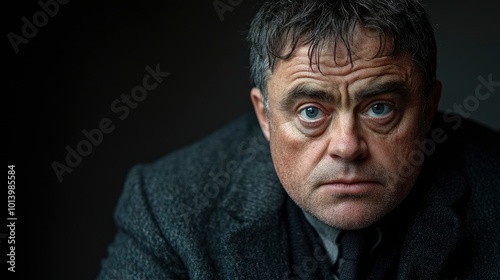 Close-up portrait of a serious middle-aged man with blue eyes