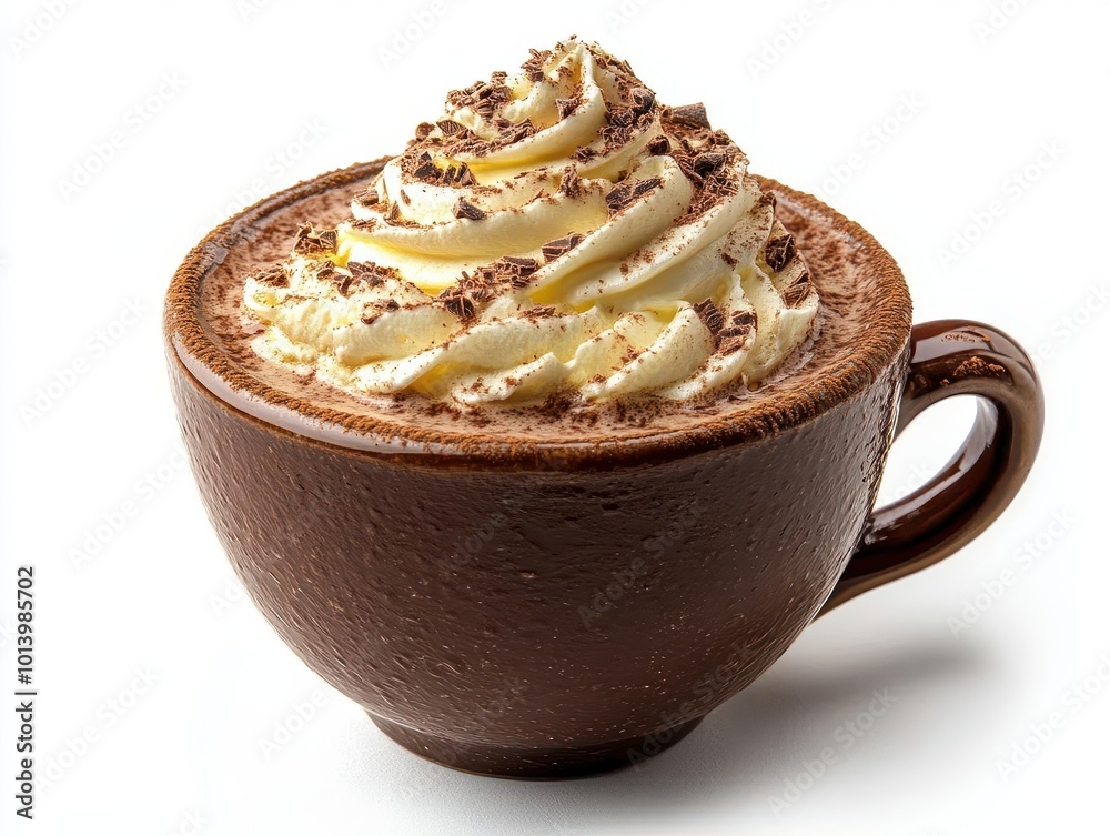 cup of rich hot chocolate topped with whipped cream isolated against a pristine white background embodying indulgence and warmth in a cozy beverage concept cup of rich hot chocolate topped with whipped cream isolated against a pristine white background embodying indulgence and warmth in a cozy beverage concept