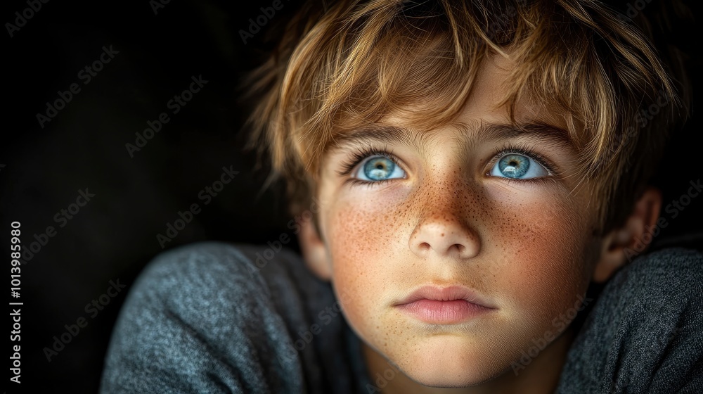 Young boy with blue eyes looking up with hope Young boy with blue eyes looking up with hope