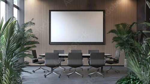 Modern glass office meeting interior with a board and armchairs, highlighted by a mockup frame for presentations or branding