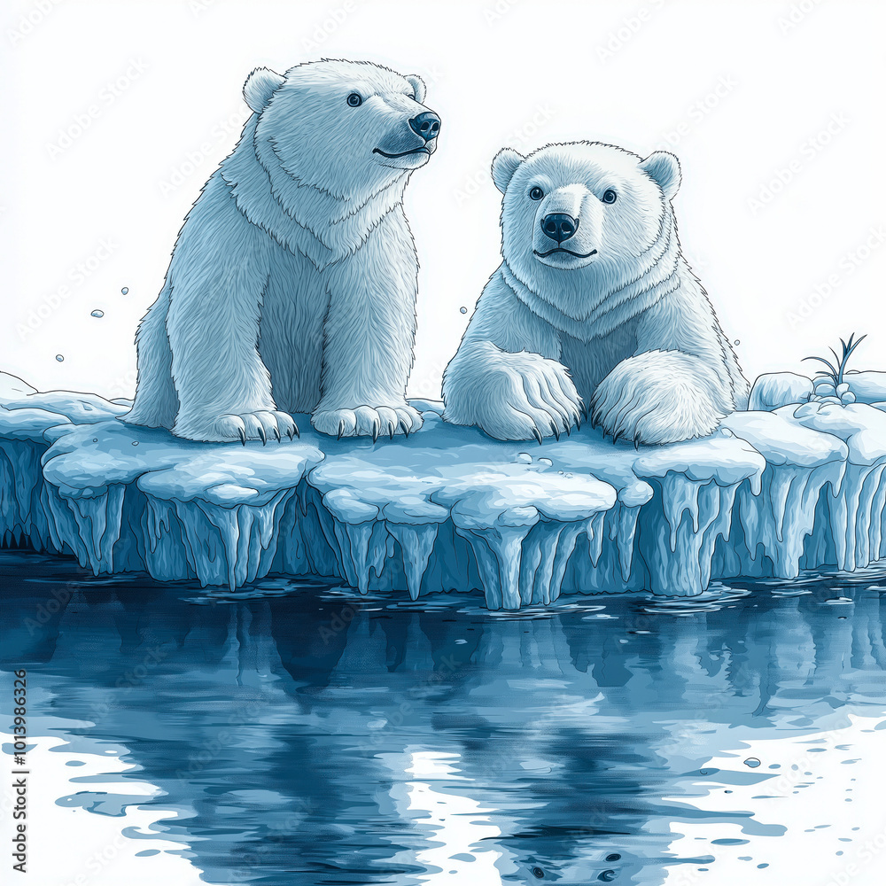 Cartoon Illustration of Two Polar Bears Sitting on Melting Iceberg ...