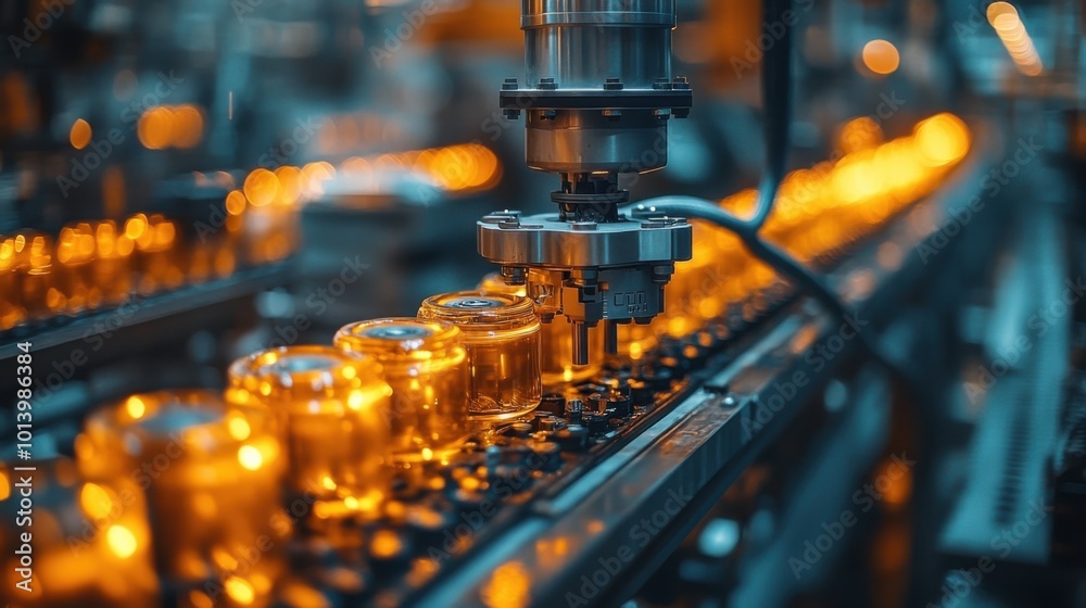Automated Glass Bottle Filling in Modern Factory with Warm Lighting Automated Glass Bottle Filling in Modern Factory with Warm Lighting