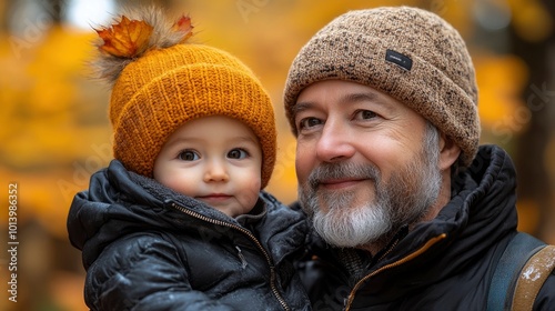 Smiling Grandfather and Grandson in Autumn