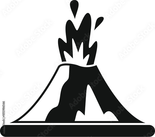 Black and white icon of a volcano erupting with lava coming down its sides