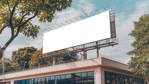 An empty huge poster mockup on the roof of a mall, white template placeholder of an advertising billboard on the rooftop of a modern building framed by trees photo