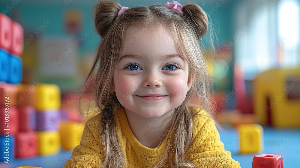 Fototapeta premium Happy Little Girl Playing with Blocks in a Playroom