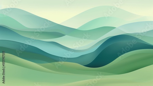 A flat vector graphic background with smooth, flowing green and blue waves, creating an elegant and serene atmosphere for presentation design or digital marketing materials. The color scheme is calmin photo