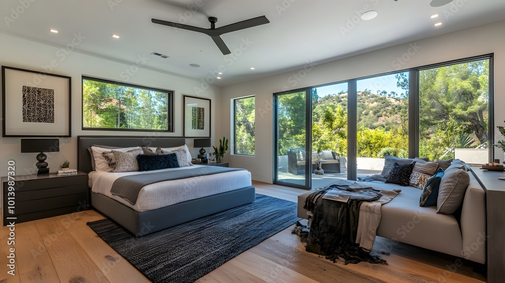 Modern home bedroom interior with a designated workspace, bed, and couch situated near a window, blending style with functionality for a comfortable living environment Modern home bedroom interior with a designated workspace, bed, and couch situated near a window, blending style with functionality for a comfortable living environment