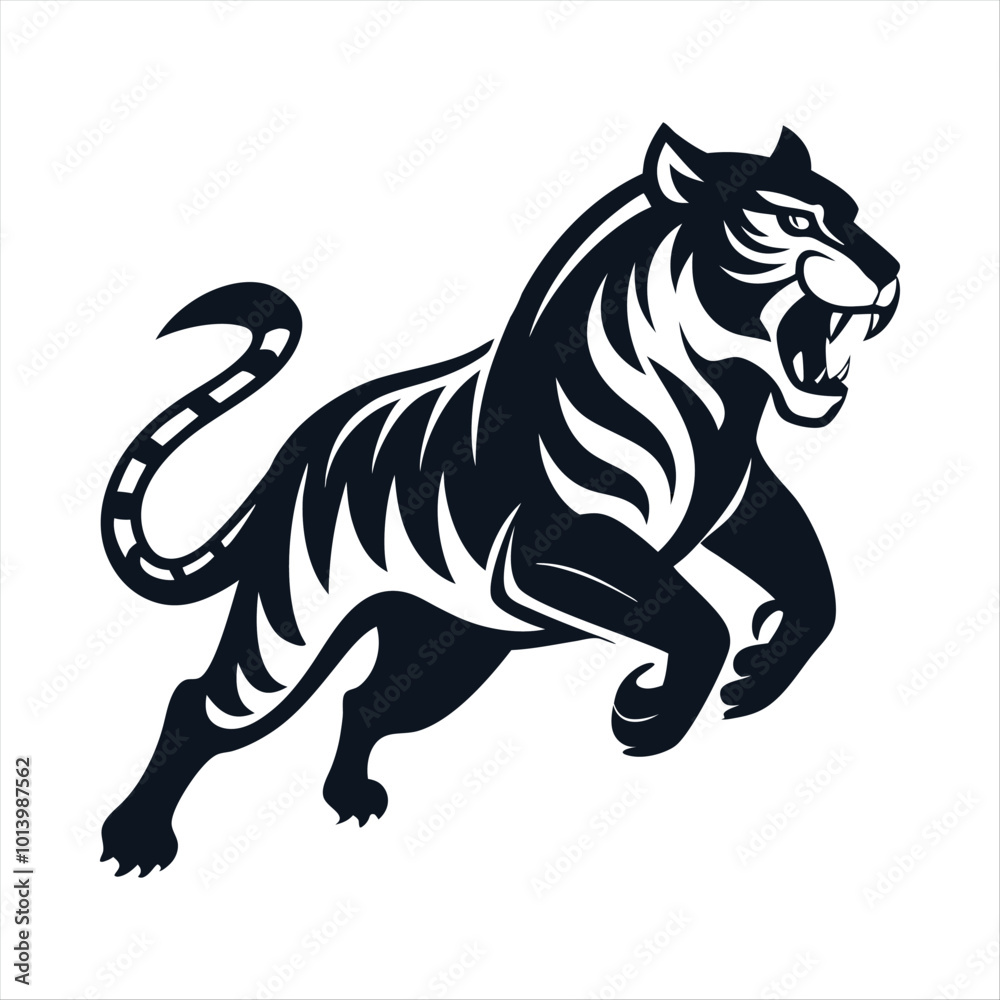 Obraz premium Fierce Tiger Vector Illustration - Black and White Roaring Tiger Design for Logos, Tattoos, and Art