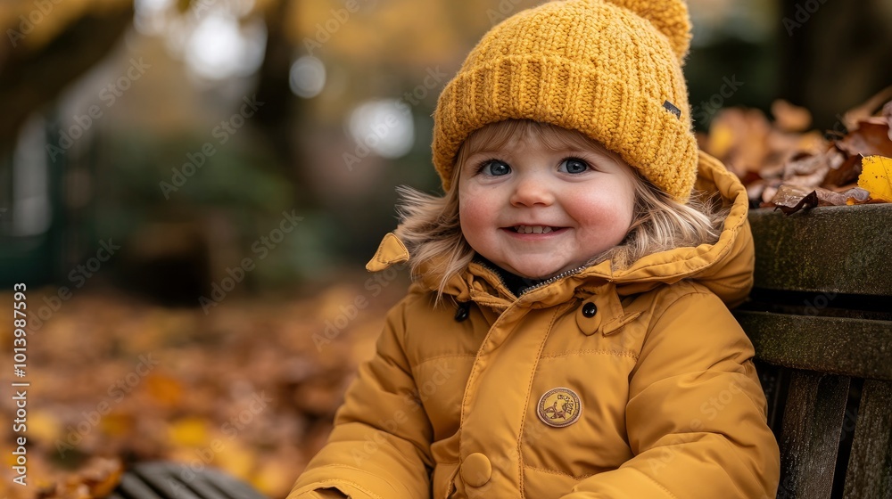 Happy Little Girl in Yellow Winter Coat and Hat Sitting on a Bench in Autumn Happy Little Girl in Yellow Winter Coat and Hat Sitting on a Bench in Autumn