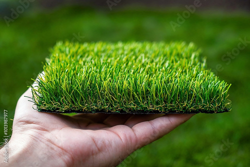 Artificial grass sample. Persons hand holding artificial grass sample. Hand holding a piece of artificial grass. Synthetic grass sample. Artificial turf sample.