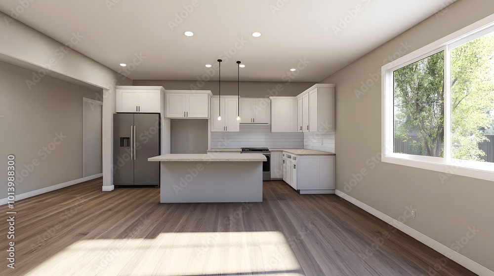 Modern home kitchen interior with a bar counter, fridge, and window, showcasing a clean design Modern home kitchen interior with a bar counter, fridge, and window, showcasing a clean design