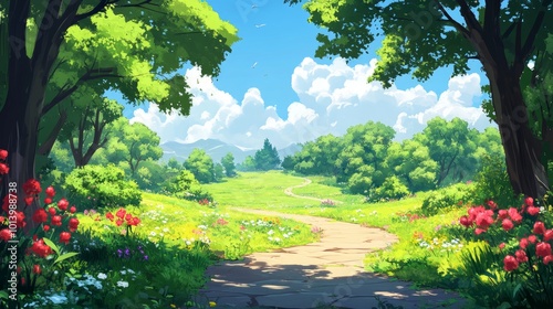 A winding path through a lush green meadow, with vibrant flowers and trees, under a clear blue sky with fluffy clouds.