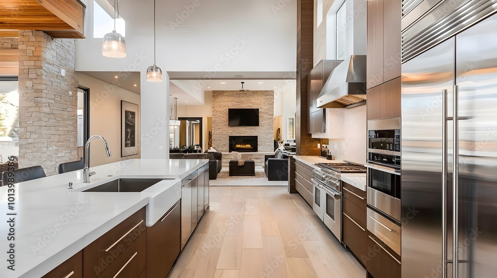 Modern home kitchen with sleek cooking cabinets and a refrigerator, complemented by a stylish tile floor Modern home kitchen with sleek cooking cabinets and a refrigerator, complemented by a stylish tile floor
