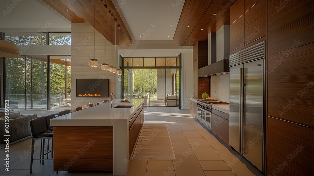 Modern home kitchen with sleek cooking cabinets and a refrigerator, complemented by a stylish tile floor Modern home kitchen with sleek cooking cabinets and a refrigerator, complemented by a stylish tile floor