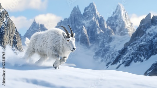 Graceful mountain goat bounding through thick snowy terrain picture