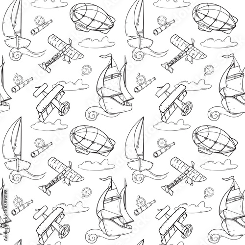 Air transport and ships, dirigible vector seamless pattern monochrome isolated. Black and white graphic hand drawn repeating design of adventure vintage. Endless pattern of silhouette transport