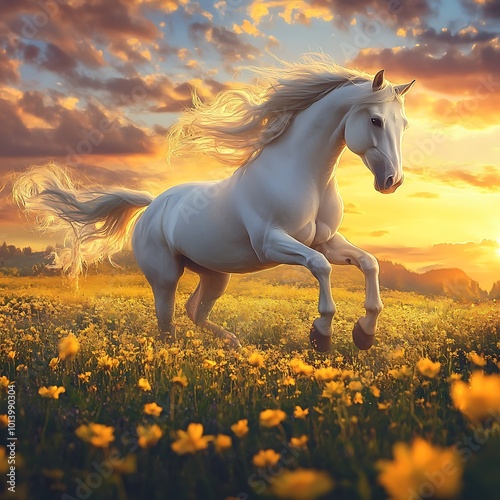 Graceful white horse running vibrant flowers sunset background image photo