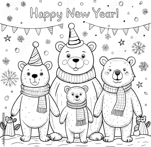 a drawing of bears with a ribbon and a banner that says Happy New Year coloring art page