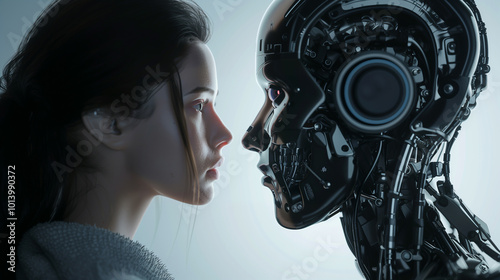 Technological Interaction Robot and Woman Face to Face on White Background