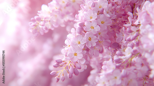 Delicate pink blossoms in full bloom under soft sunlight in a tranquil garden setting during springtime