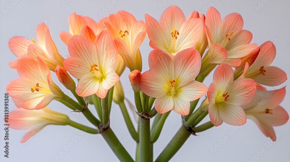 Naklejka premium Beautiful cluster of orange and cream clivia flowers blooming indoors near natural light in a bright and airy setting