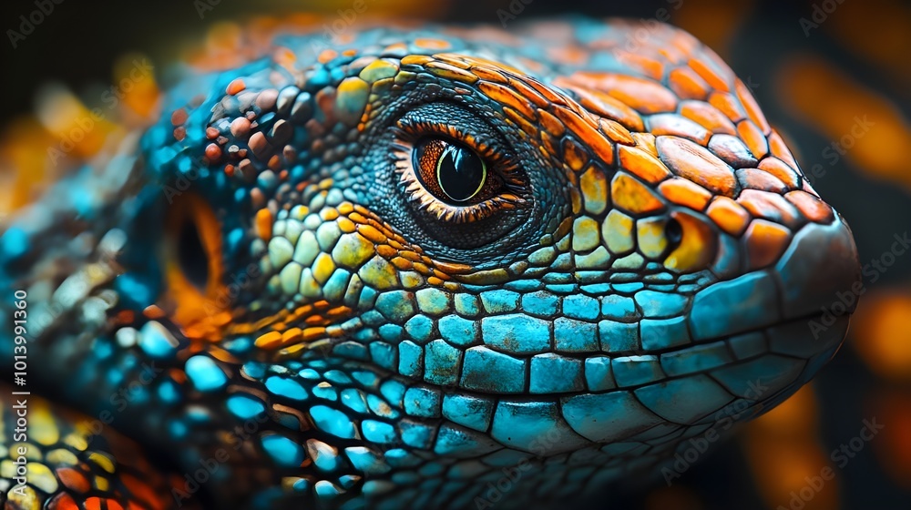 Close-up of a colorful lizard eye and scales, featuring vibrant hues of blue, orange, and green with intricate textures Close-up of a colorful lizard eye and scales, featuring vibrant hues of blue, orange, and green with intricate textures