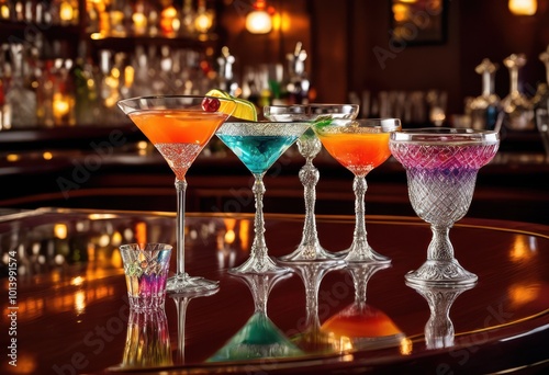 Wallpaper Mural elegant vintage cocktail glasses displayed polished bar counter reflections barware accents enhancing sophisticated atmosphere, decor, style, design, shiny Torontodigital.ca