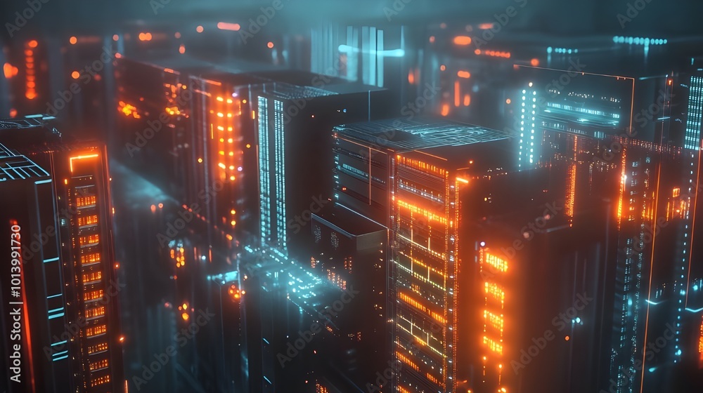 Vibrant neon blue and orange buildings in a cyber-themed futuristic cityscape, with a focus on digital architecture and tech innovation Vibrant neon blue and orange buildings in a cyber-themed futuristic cityscape, with a focus on digital architecture and tech innovation