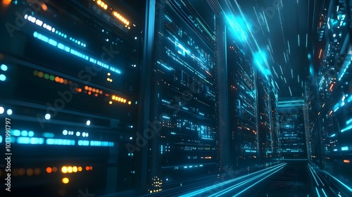 A modern data center with rows of glowing server racks, showcasing advanced digital infrastructure