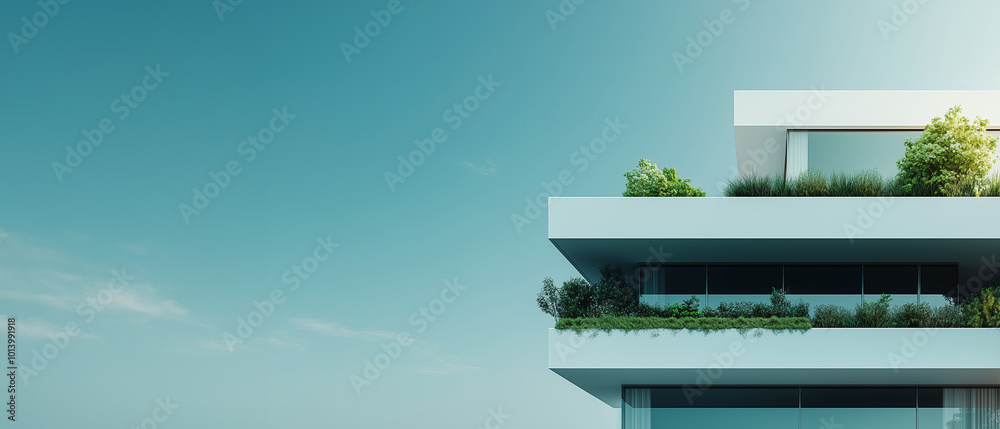 Modern apartment with greenery on balconies