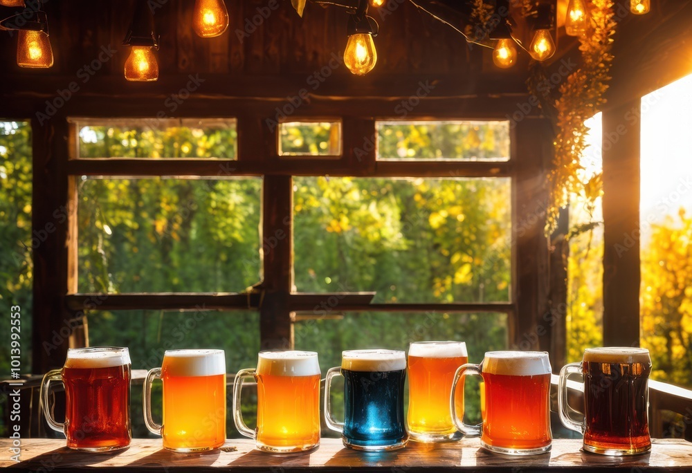 brightly lit craft brew mugs showcasing refreshing beverages warm sunlight vibrant colors lively presentation, beer, crafted, drink, glass, cup, foam brightly lit craft brew mugs showcasing refreshing beverages warm sunlight vibrant colors lively presentation, beer, crafted, drink, glass, cup, foam