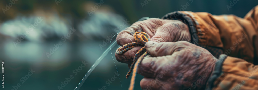 Skilled Fisherman Tying Knot by Lake for Perfect Fishing Experience Skilled Fisherman Tying Knot by Lake for Perfect Fishing Experience